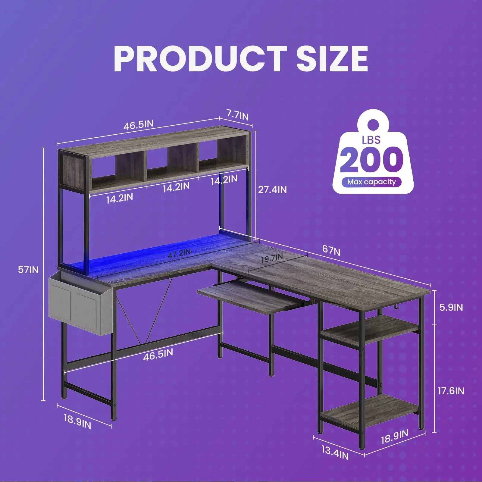 67" L-Shaped Gaming Desk with LED Lights & Storage - Image 7