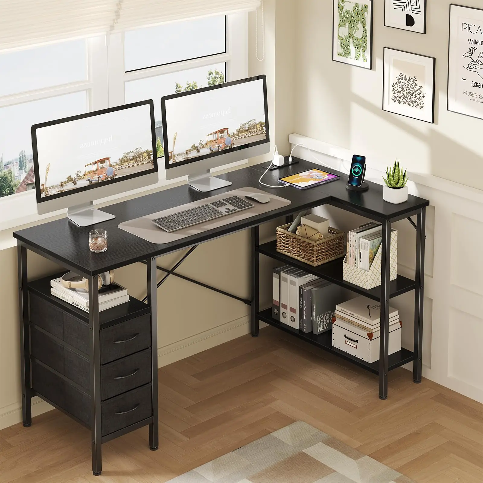 55 Inch L Shaped Desk with Shelf & Drawers - Image 1