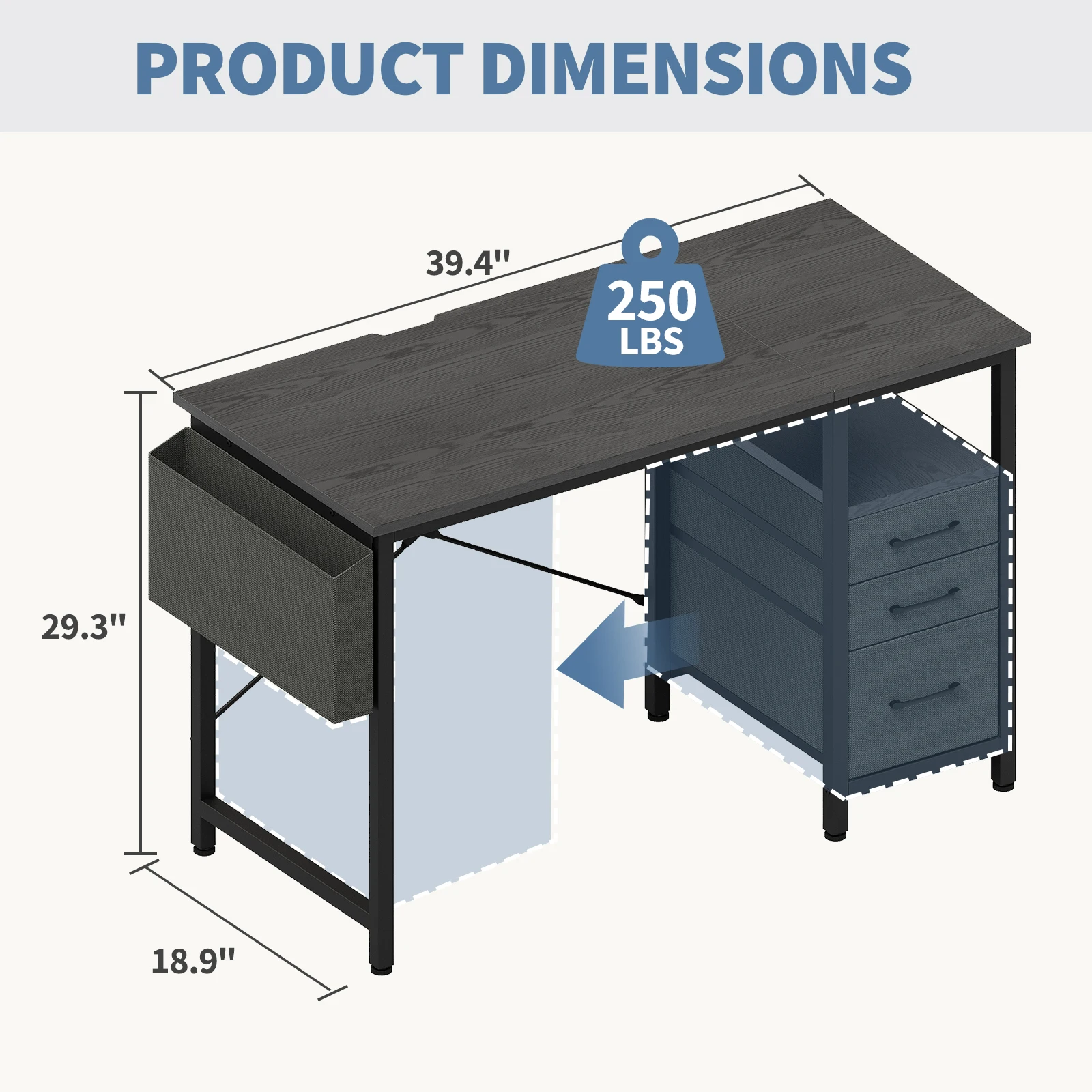 40" Computer Desk with 3 Drawers & Side Pocket - Image 2