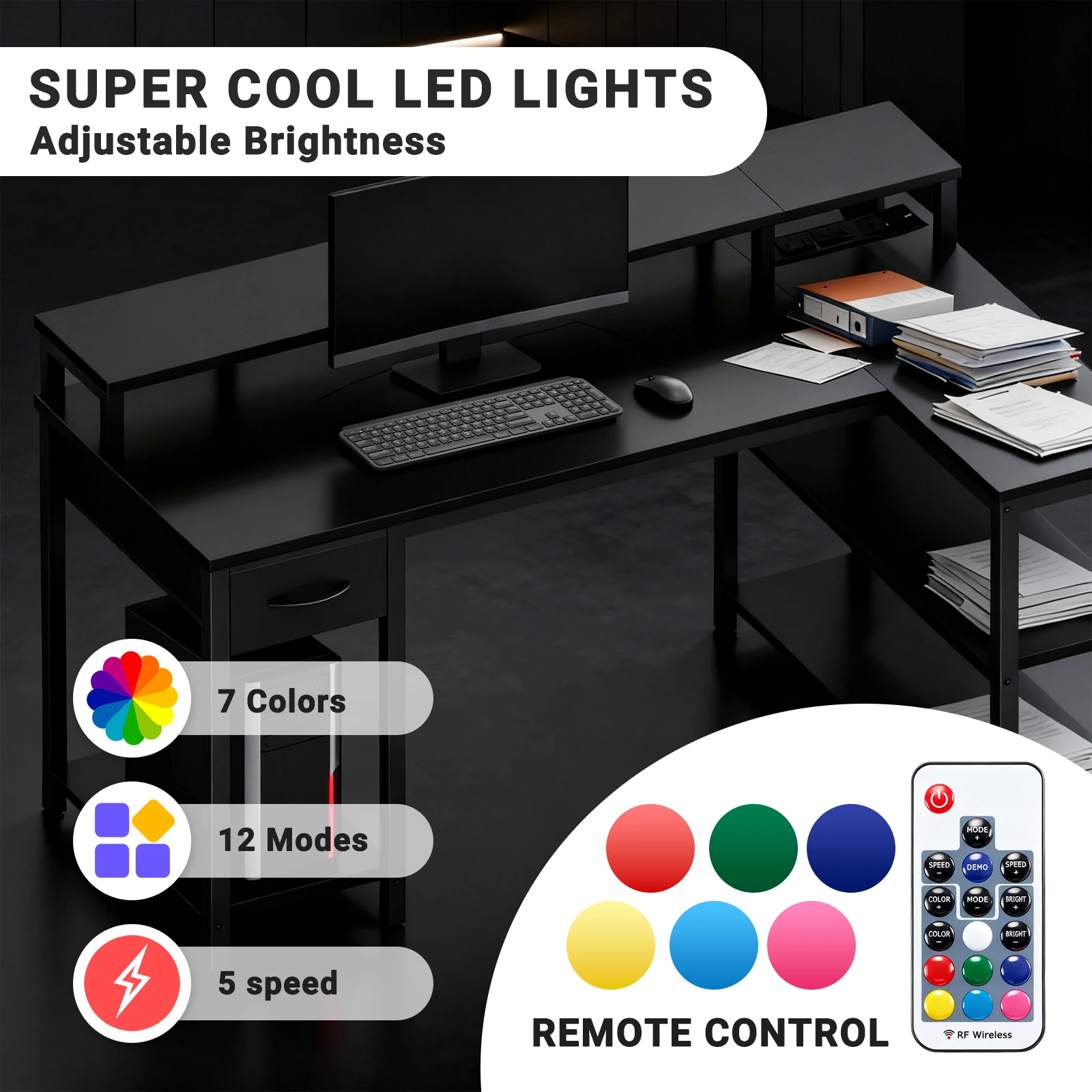 39 Inch L Shaped Gaming Desk with Power Strip - Image 2