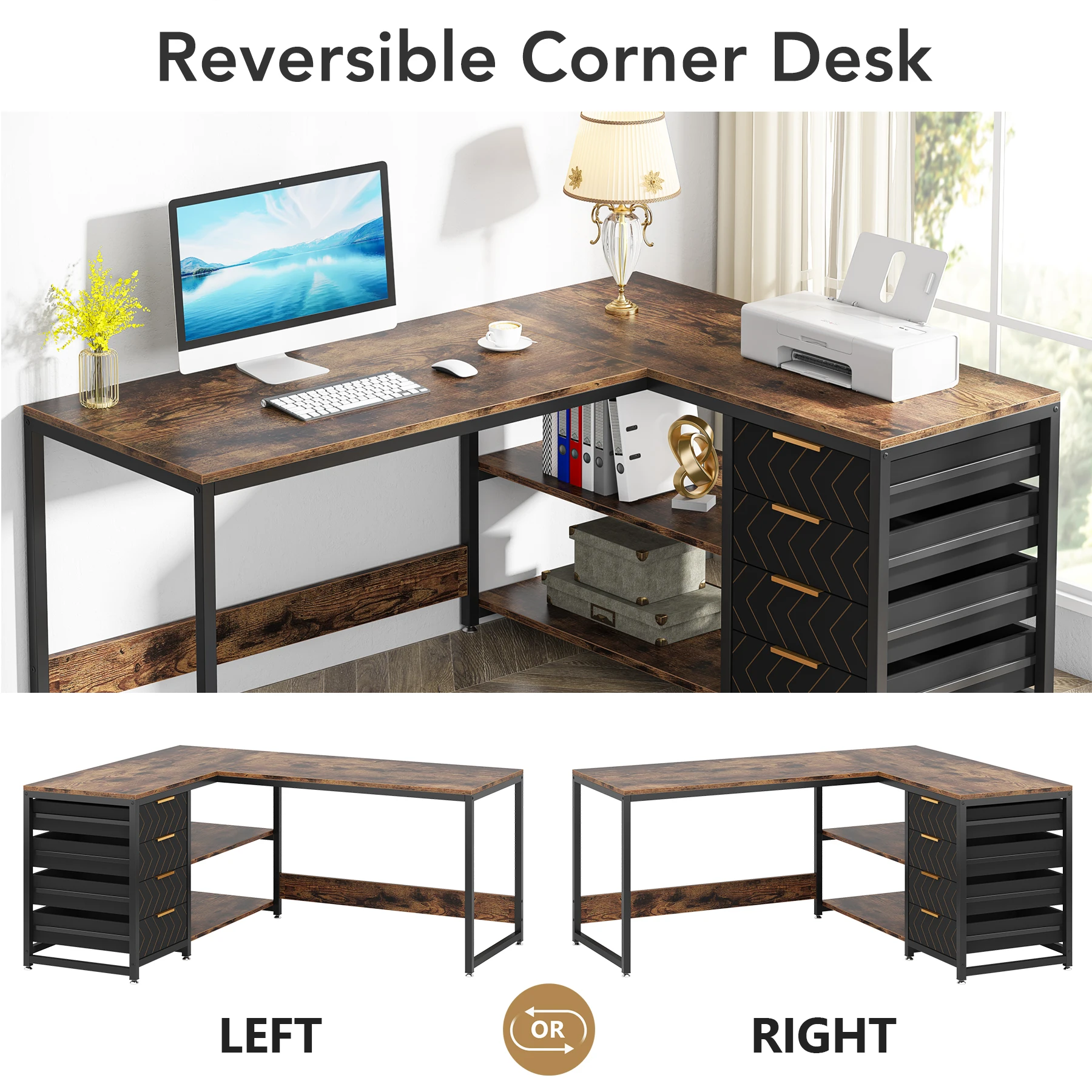 L Shaped Computer Desk with Storage Drawers - Image 2