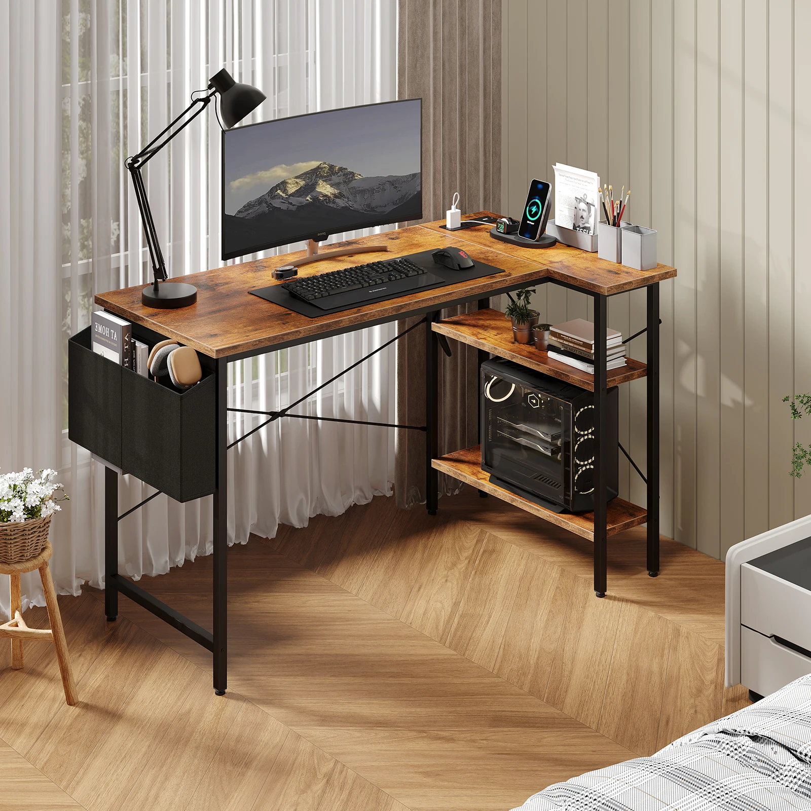 39 Inch L Shaped Gaming Desk with Power Strip - Image 1