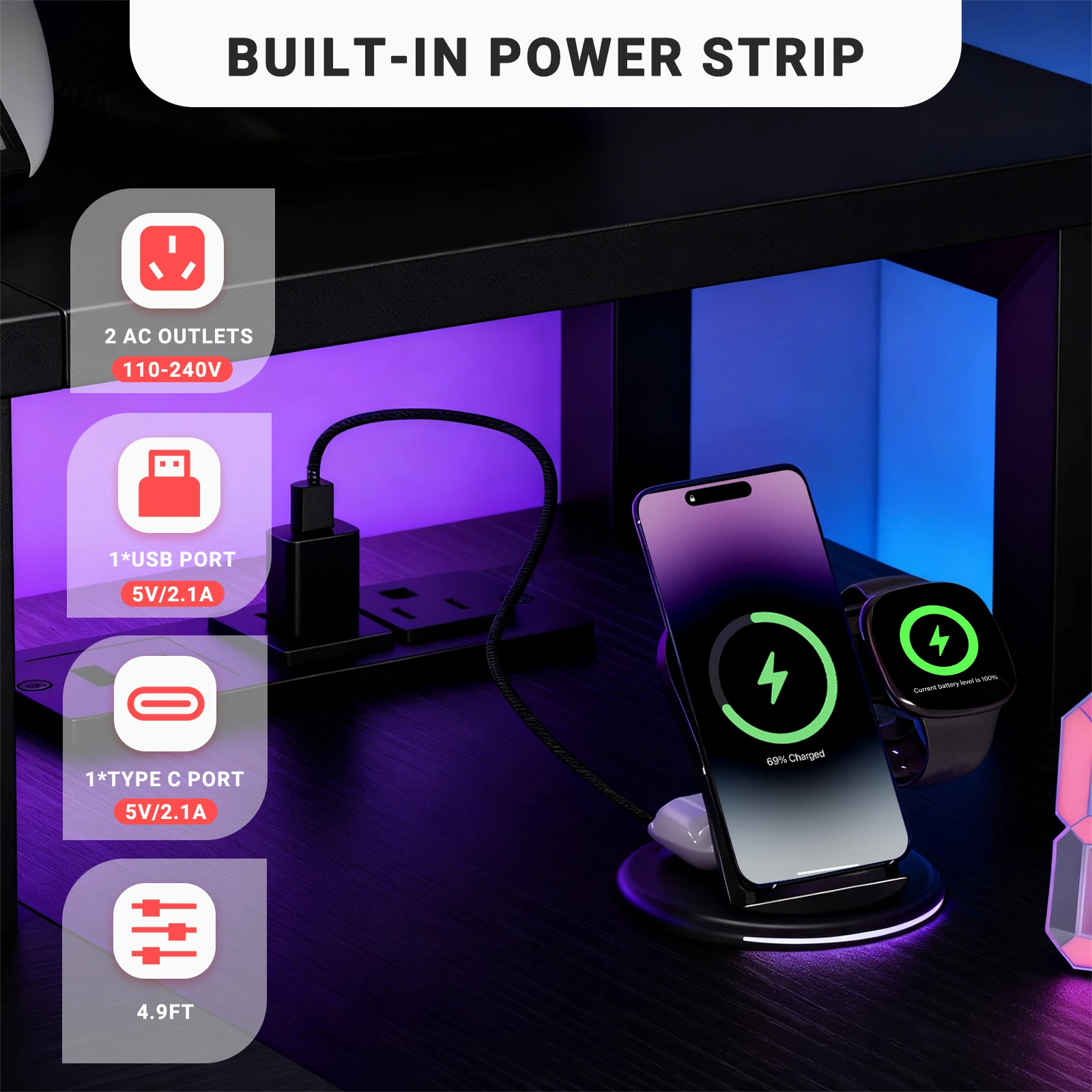 39 Inch L Shaped Gaming Desk with Power Strip - Image 4