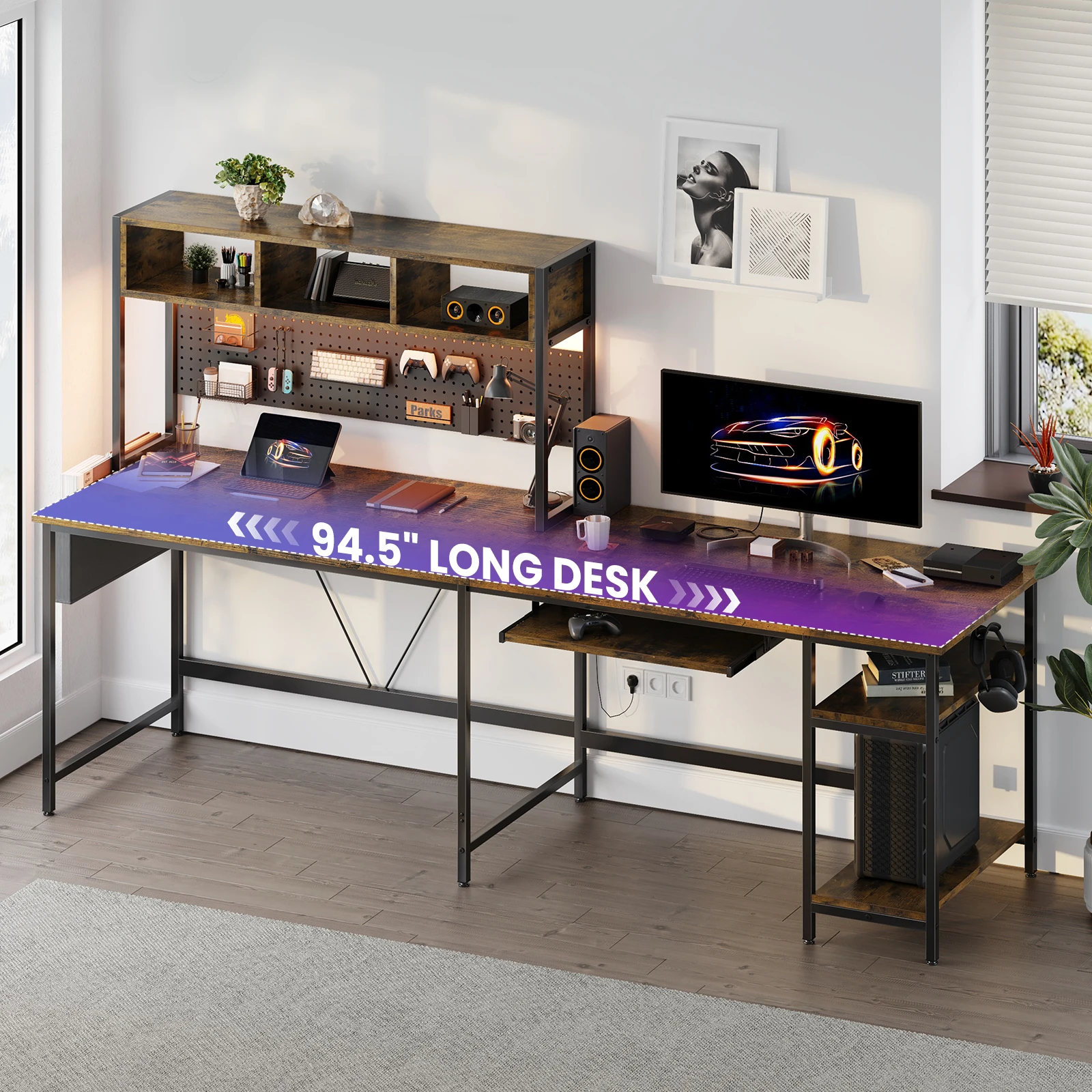67" L-Shaped Gaming Desk with LED Lights & Storage - Image 2