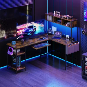 67" L-Shaped Gaming Desk with LED Lights & Storage