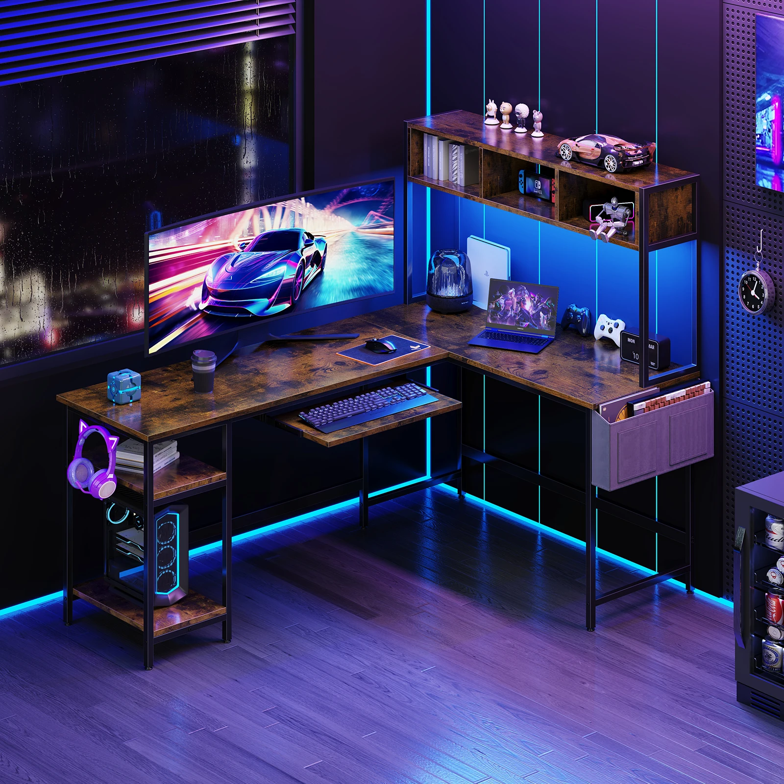 67" L-Shaped Gaming Desk with LED Lights & Storage - Image 1