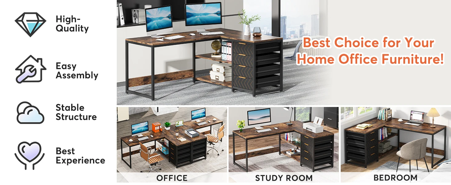 L Shaped Computer Desk with Storage Drawers - Image 4
