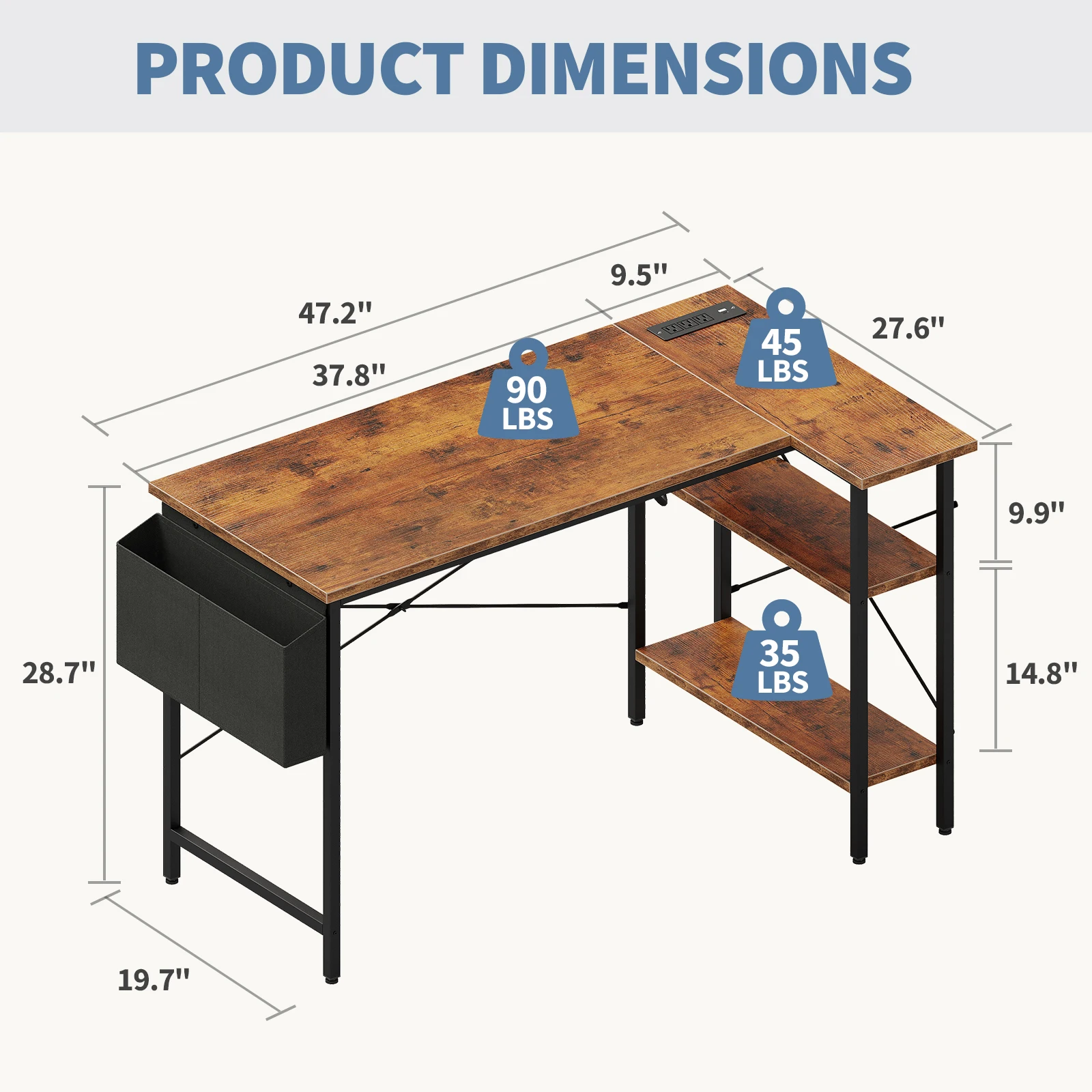 39 Inch L Shaped Gaming Desk with Power Strip - Image 3