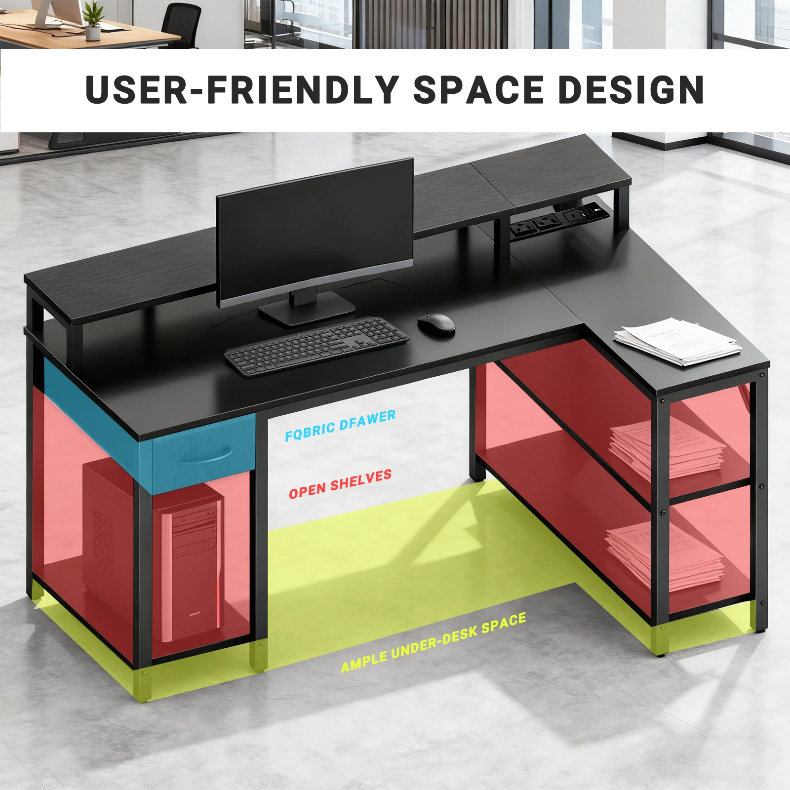 39 Inch L Shaped Gaming Desk with Power Strip - Image 5