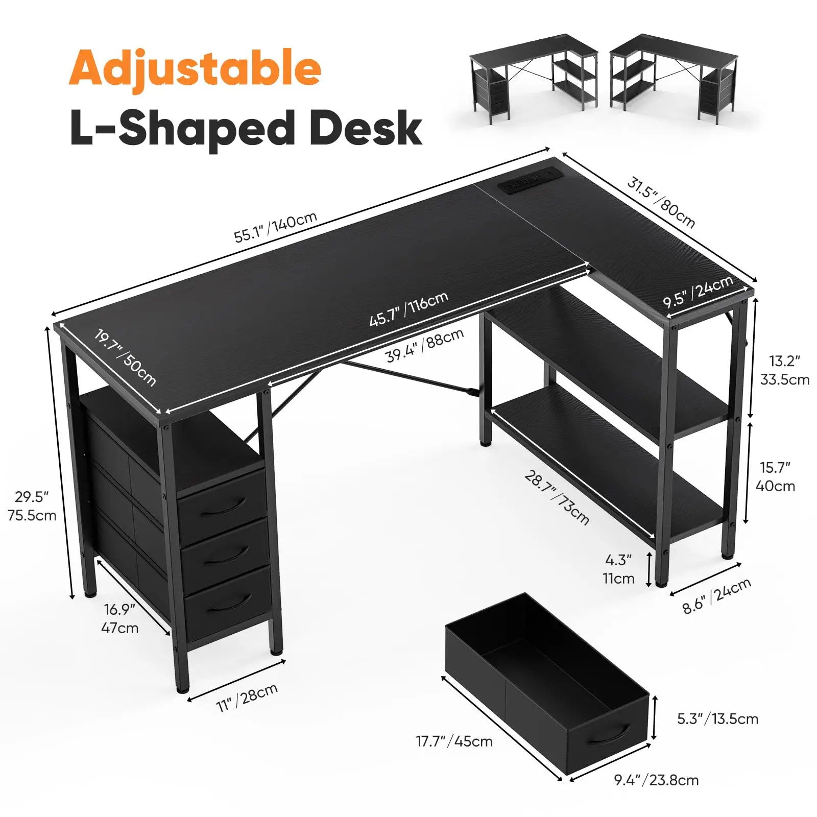 55 Inch L Shaped Desk with Shelf & Drawers - Image 2