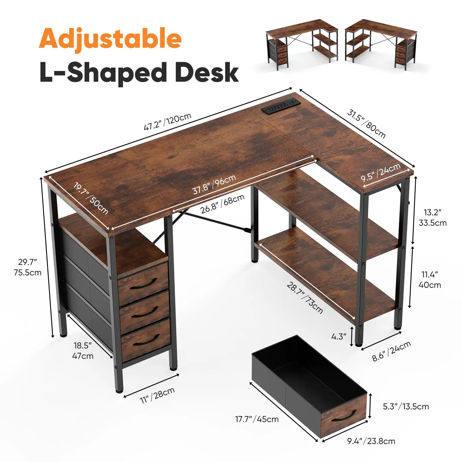 55 Inch L Shaped Desk with Shelf & Drawers - Image 5