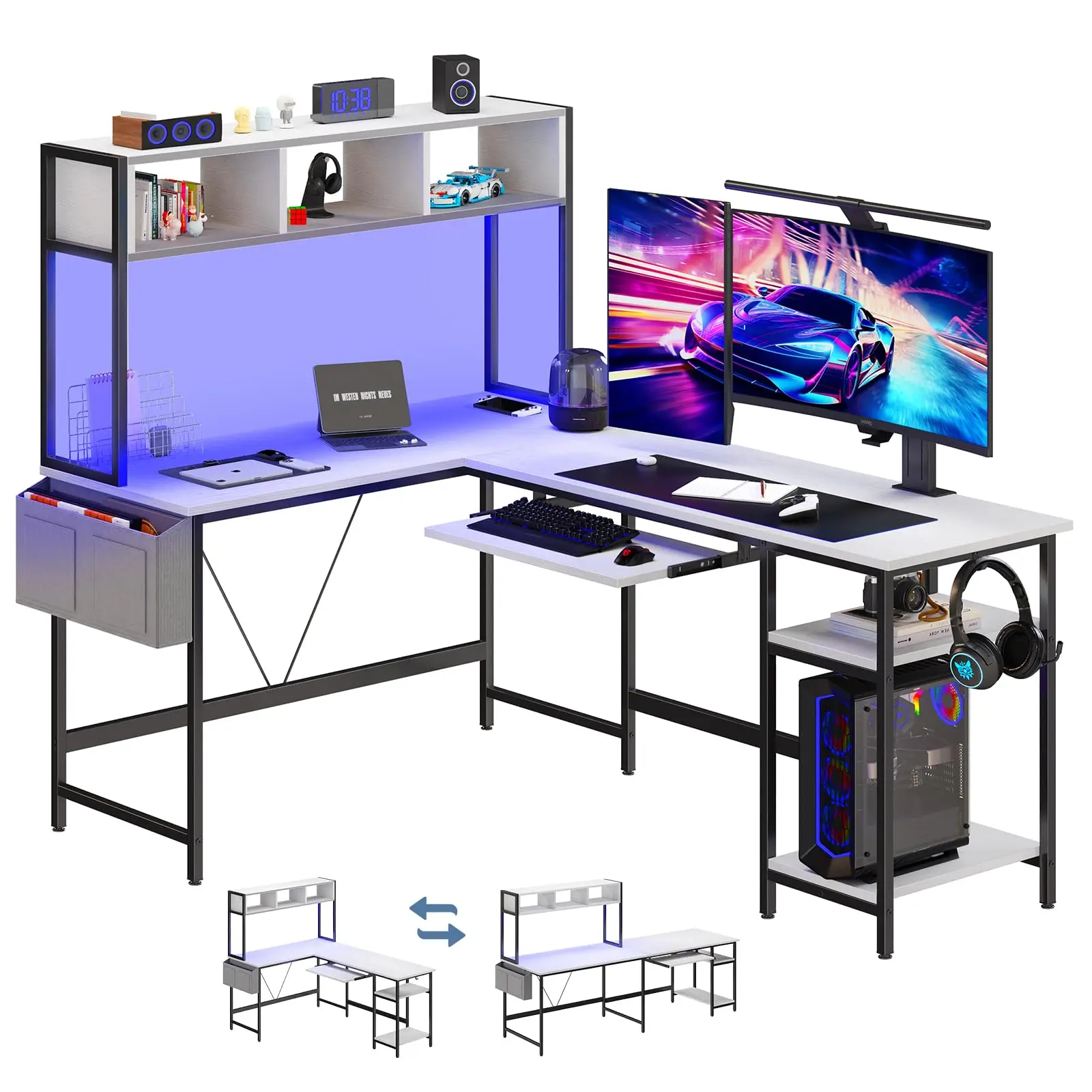 67" L-Shaped Gaming Desk with LED Lights & Storage - Image 5